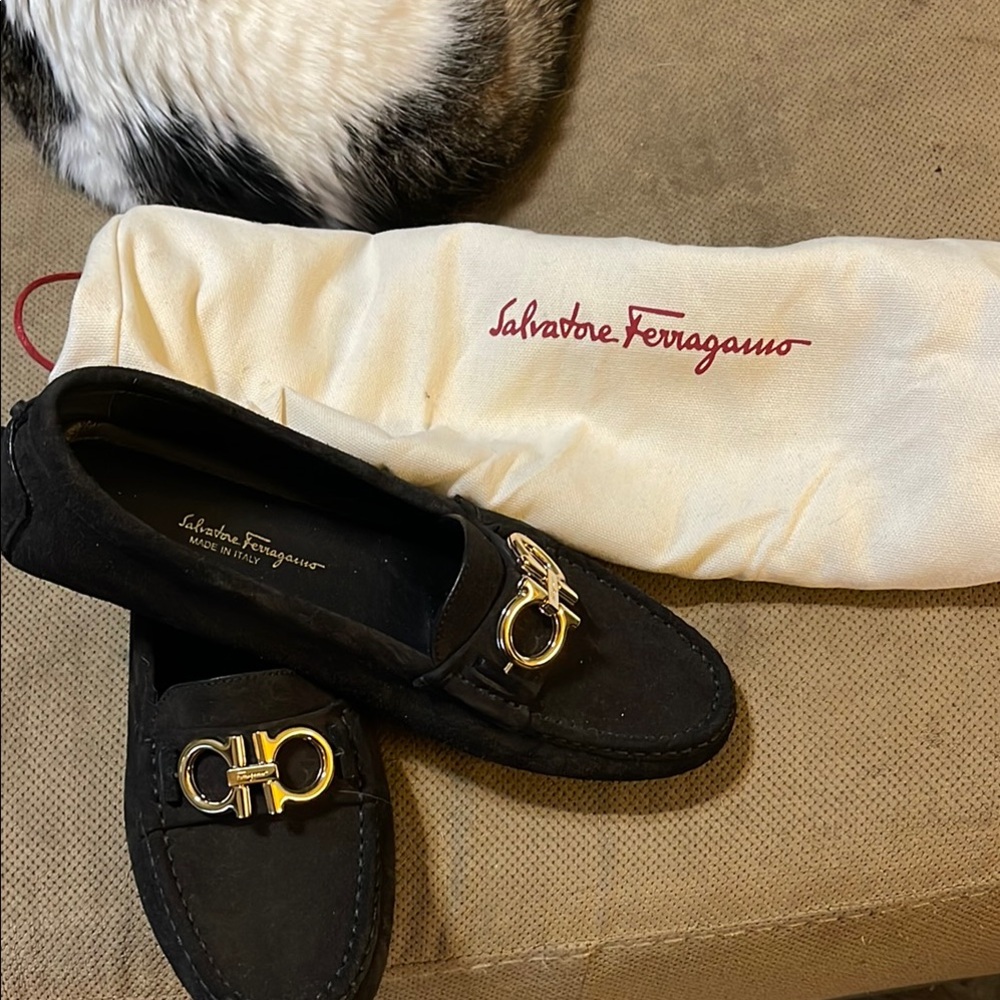 Salvatore Ferragamo Black Loafers with Gold Buckle